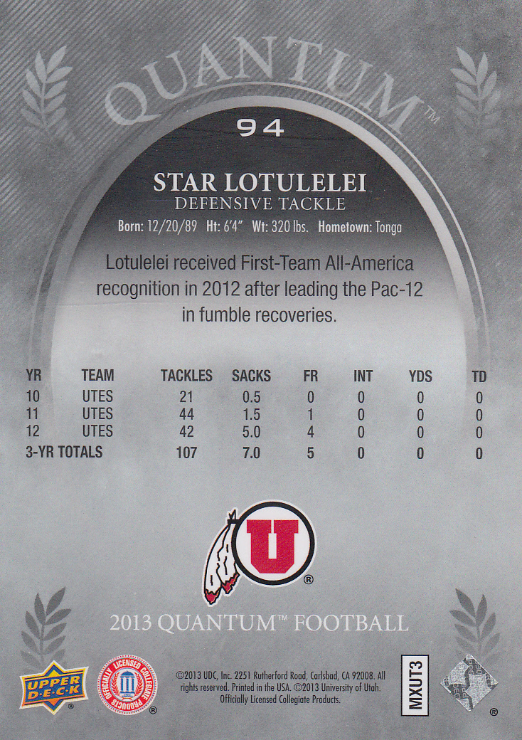 2013 Upper Deck Quantum #94 Star Lotulelei back image
