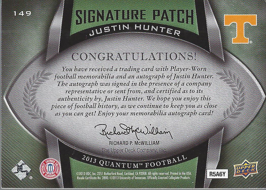 2013 Upper Deck Quantum Signature Patches #149 Justin Hunter/265 back image