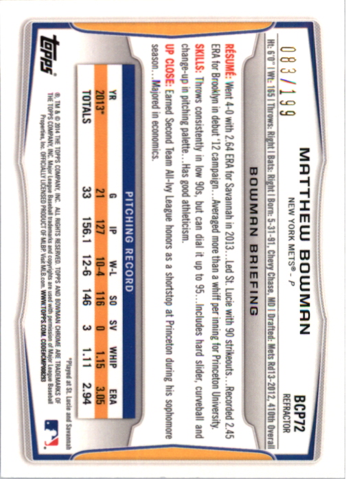 2014 Bowman Chrome Prospects Purple Refractors #BCP72 Matthew Bowman