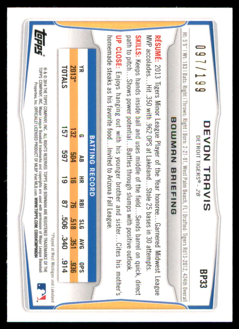 2014 Bowman Prospects Green #BP33 Devon Travis back image