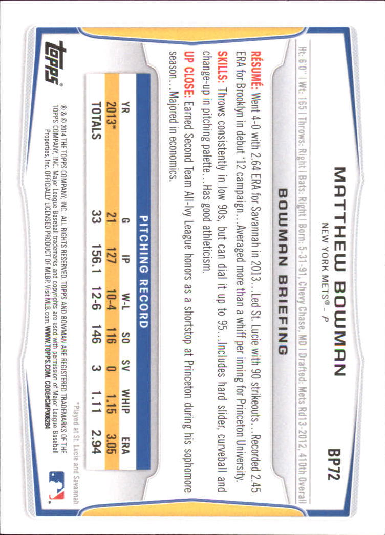 2014 Bowman Prospects Purple #BP72 Matthew Bowman