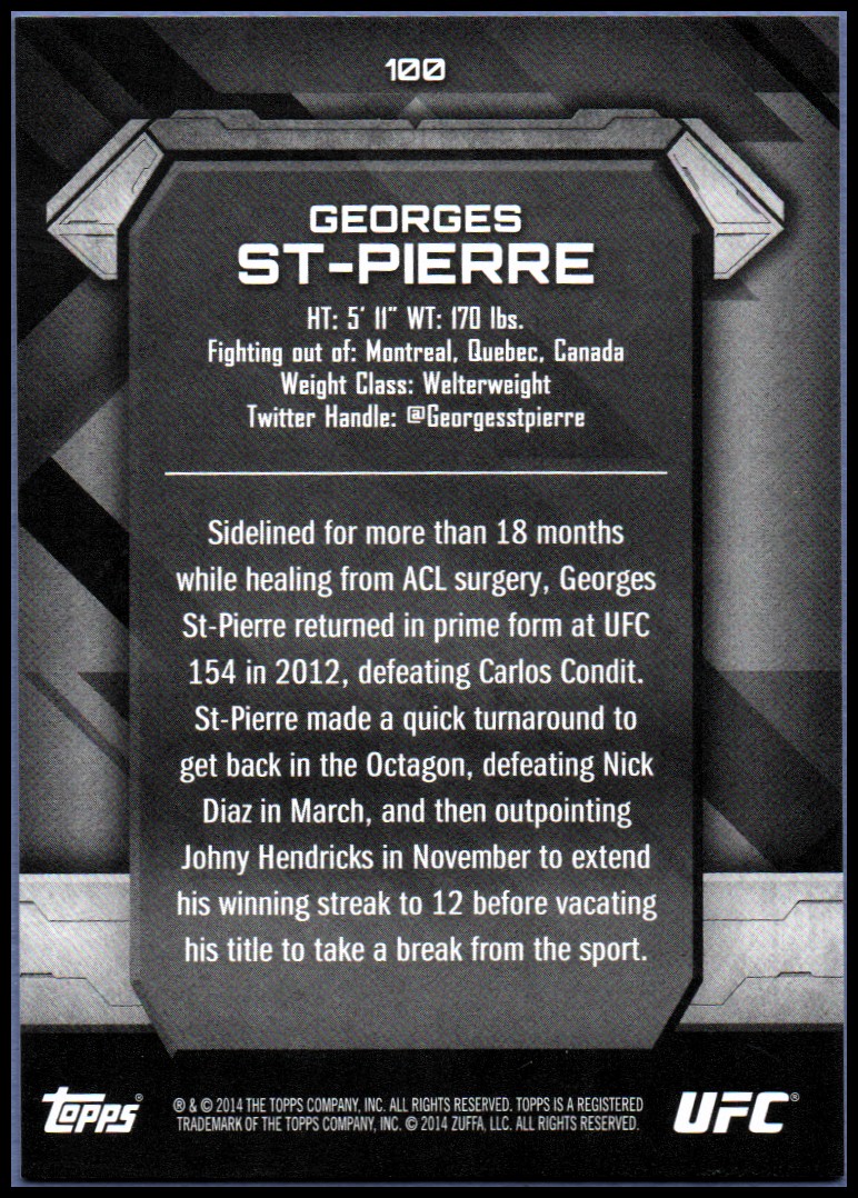 2014 Topps UFC Knockout #100 Georges St-Pierre back image