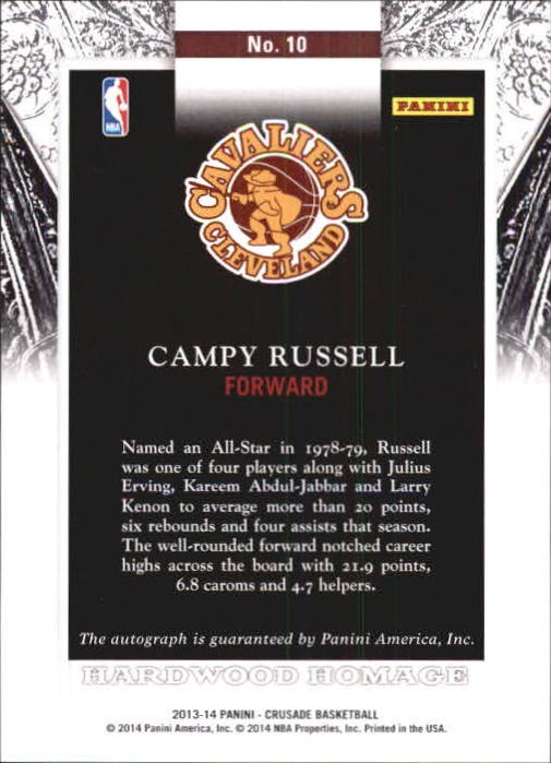 2013-14 Panini Crusade Hardwood Homage Autographs Gold #10 Campy Russell/10 back image