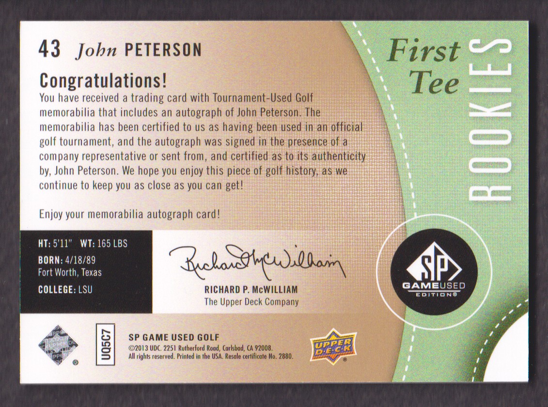 2014 SP Game Used #43 John Peterson Shirt AU/399 RC back image