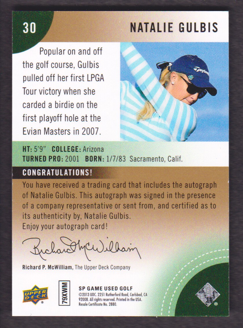 2014 SP Game Used Spectrum Autographs #30 Natalie Gulbis/100 back image