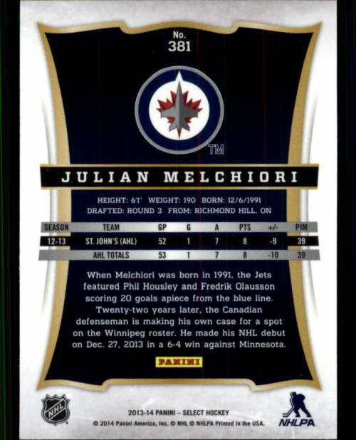 2013-14 Select #381 Julian Melchiori RC back image