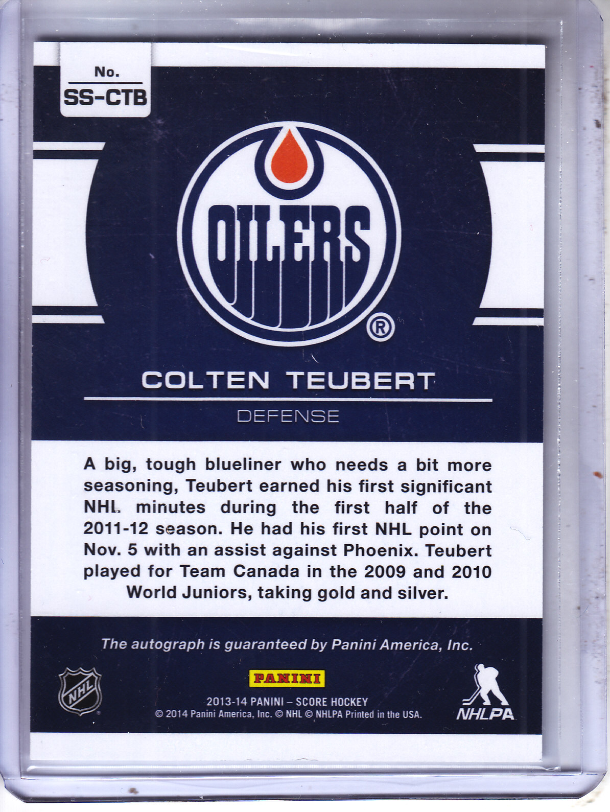 2013-14 Score Signatures #SSCT Colten Teubert/(inserted in 2013-14 Rookie Anthology) back image