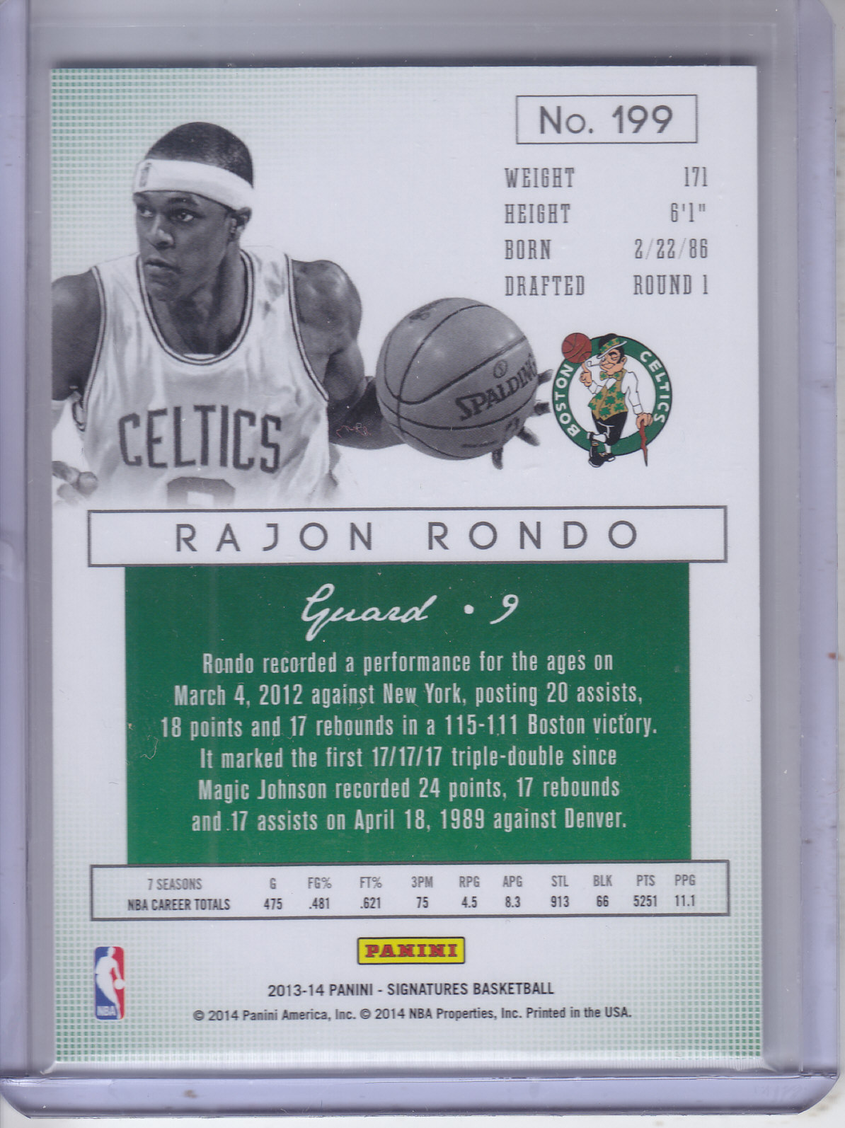 2013-14 Panini Signatures Green #199 Rajon Rondo back image