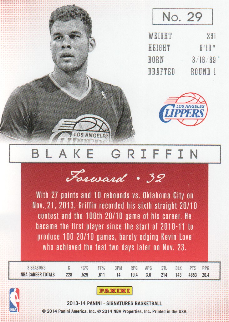 2013-14 Panini Signatures Red #29 Blake Griffin back image