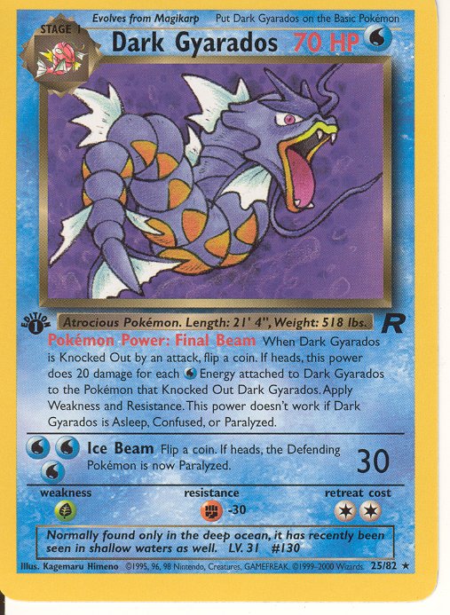 Team Rocket, 1st Edition, Dark Gyarados (holo.), #25, mint, $6.50