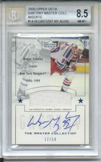 Wayne Gretzky 2000 Upper Deck Wayne Gretzky Master Collection Inserts #14 Autograph Game-Used Jersey Card Serial #17/50 - BGS Graded Nm-Mt+ 8.5