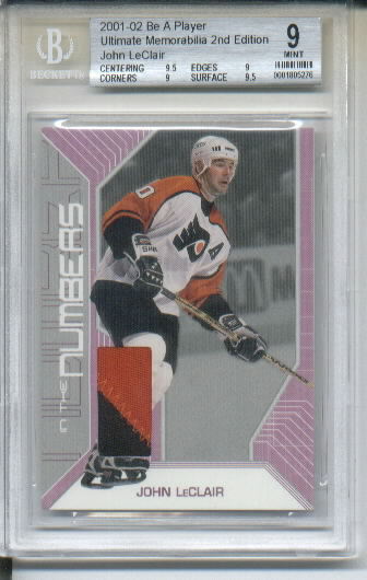 2001-02 Be A Player Ultimate Memorabilia In The Numbers #2 John LeClair 2 Color Game-Worn Jersey Patch Card Serial #4/20 Graded BGS Mint 9