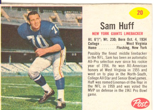 1962 Post Cereal #20 Sam Huff
