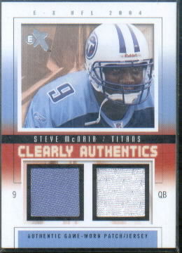 2004 E-X Clearly Authentics Patch/Jersey Pewter #CASM Steve McNair Game-Worn Patch / Game-Used Jersey Dual Memorabilia Card Serial #12/44