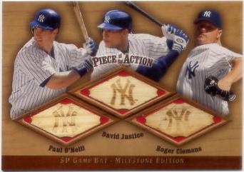 2001 SP Game Bat Milestone Piece of Action Trios #OJC Paul O'Neill/David Justice/Roger Clemens