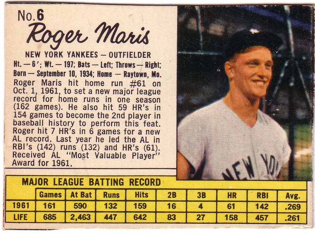 1962 Topps Roger Maris #1 Baseball Card New York Yankees EX 61 HR