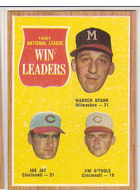 1962 Topps #58 NL Win Leaders/Warren Spahn/Joe Jay/Jim O'Toole