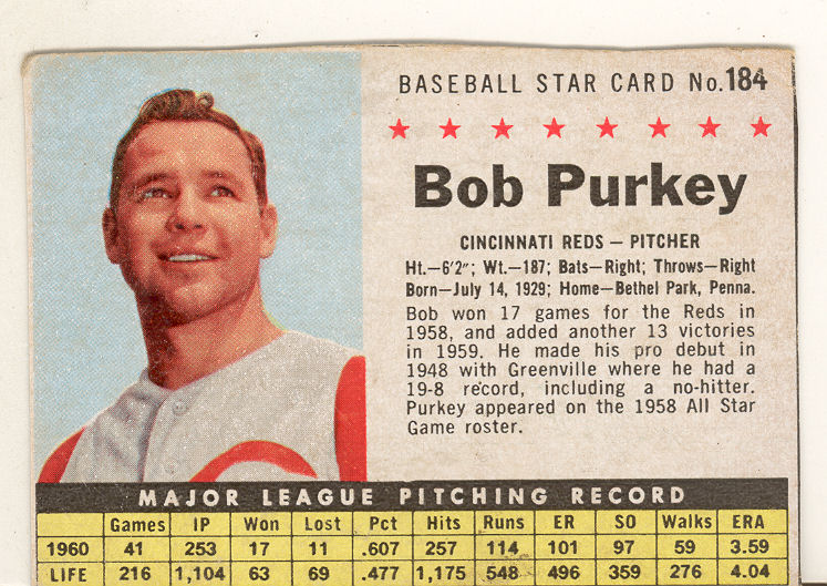 1961 Post #184B Bob Purkey BOX