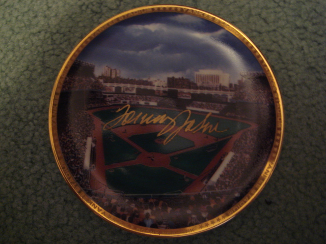 Tommy John Yankee Stadium Autographed 1989 Sports Impressions Mini Plate By Robert Stephen Simon With COA