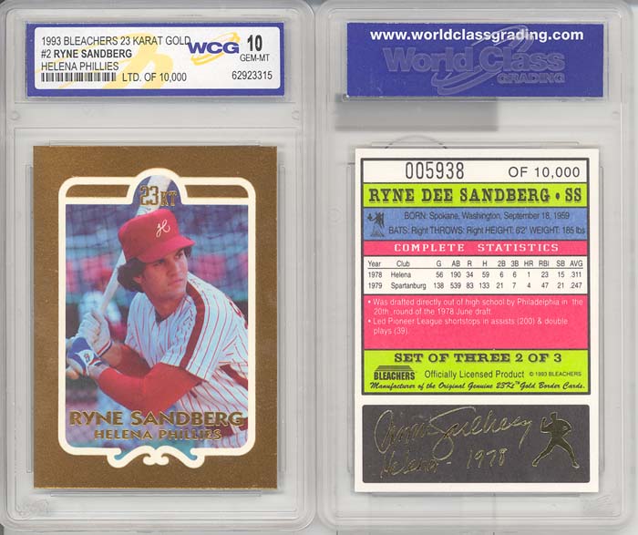 1993 Bleachers 23 KT Gold Card Helena Phillies Ryne Sandberg (Graded