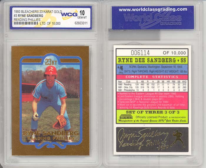 1993 Bleachers 23 KT Gold Card Reading Phillies Ryne Sandberg (Graded WCG Gem Mint 10) - MINT 1993 Bleachers 23 KT Gold Card Reading Phillies Ryne Sandberg (Graded WCG Gem Mint 10) - MINT