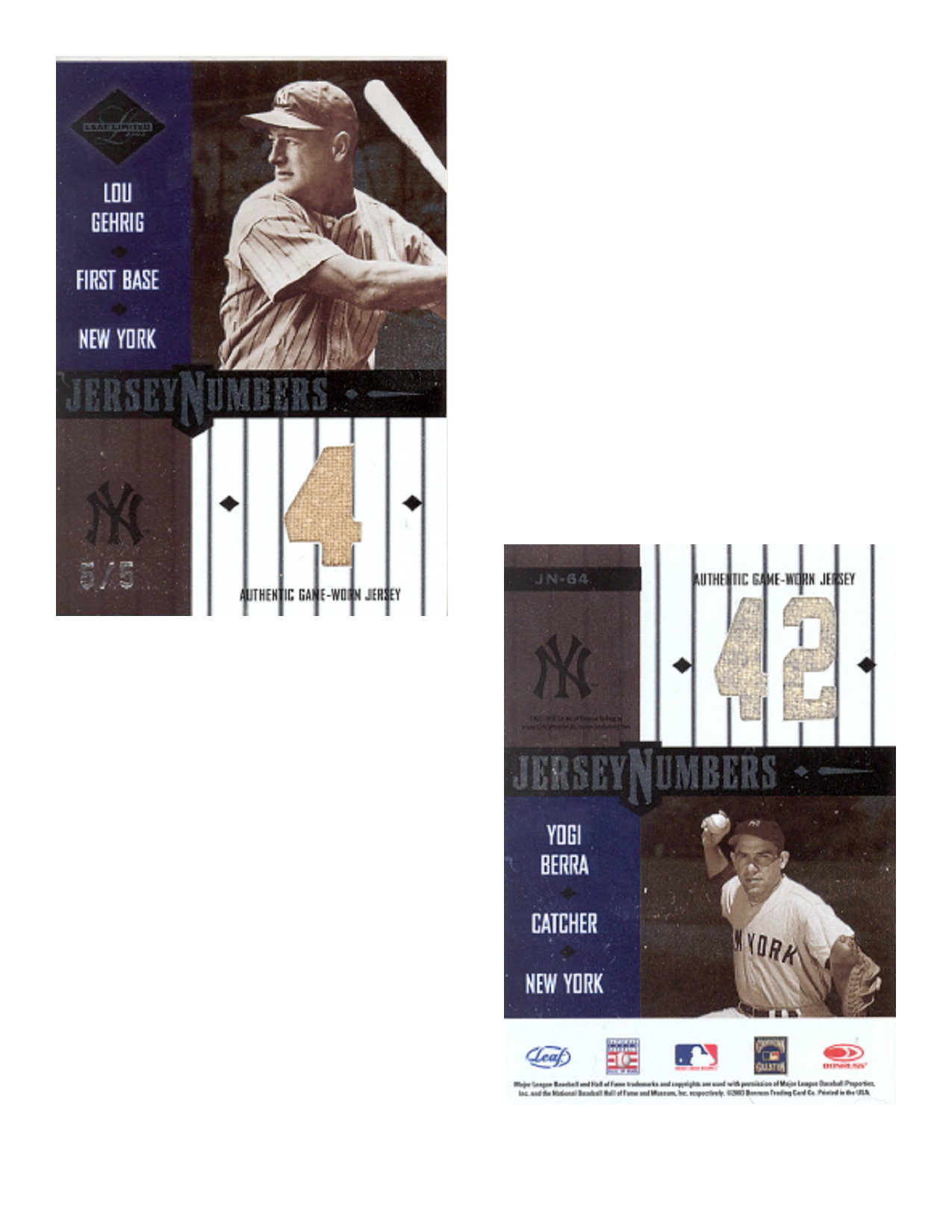2003 Leaf Limited Jersey Numbers #64 Lou Gehrig/Yogi Berra/5