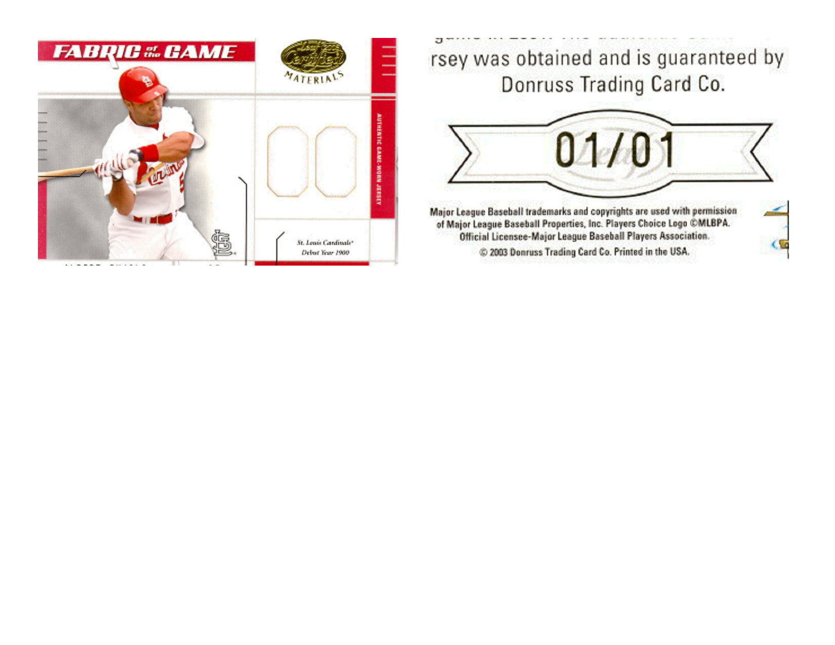 2003 Leaf Certified Materials Fabric of the Game #28DY Albert Pujols DY/1