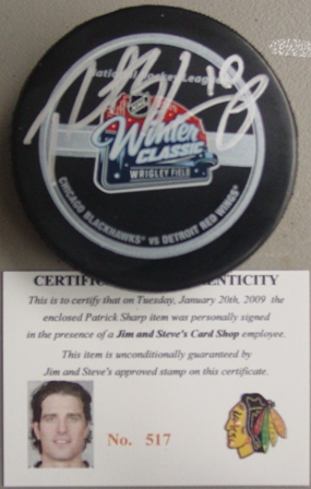 Patrick Sharp signed Winter Classic game puck with cert/holograms
