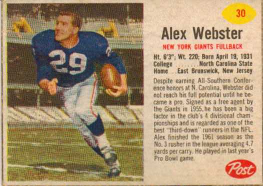 1962 Post Cereal #30 Alex Webster