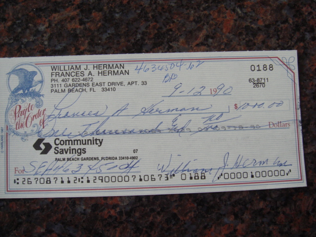 Billy Herman Autographed Signed Bank Check