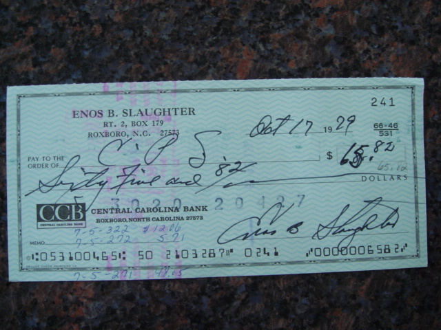 Enos Slaughter Autographed Signed Bank Check
