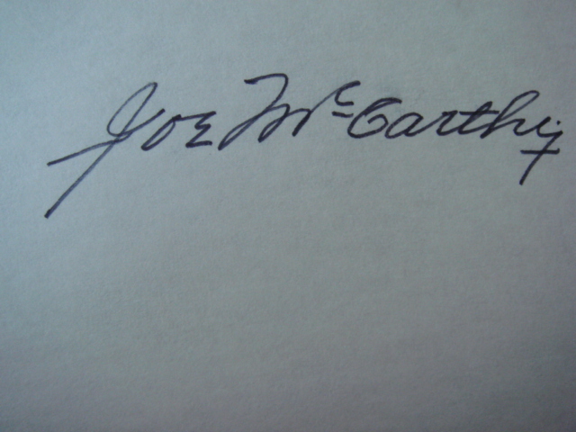 Joe McCarthy Autographed 3 X 5 Card With COA