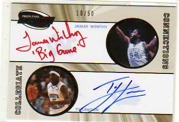 2009 Press Pass Fusion Collegiate Connections Autographs Gold #CCNJWTL James Worthy/Ty Lawson/50