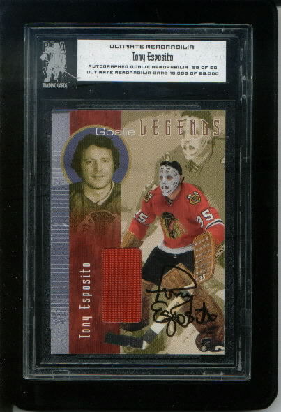 2000-01 Be A Player Ultimate Goalie Memorabilia Autographed #UG3 Tony Esposito Game-Worn Jersey Autograph Card Serial #32/50
