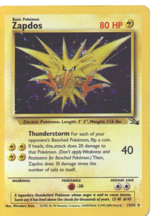 Zapdos (holo)  #15, Fussil Unlimited, mint, $12.00