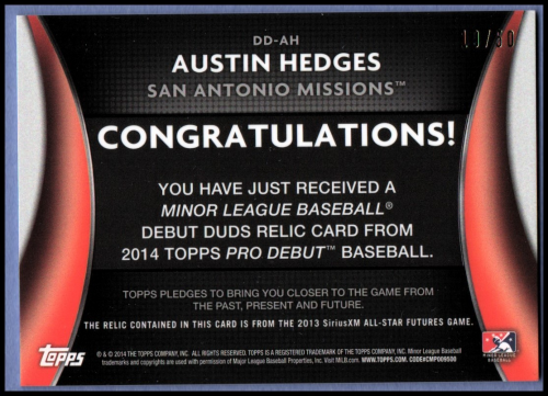 2014 Topps Pro Debut Debut Duds Jerseys Gold #DDJAH Austin Hedges back image