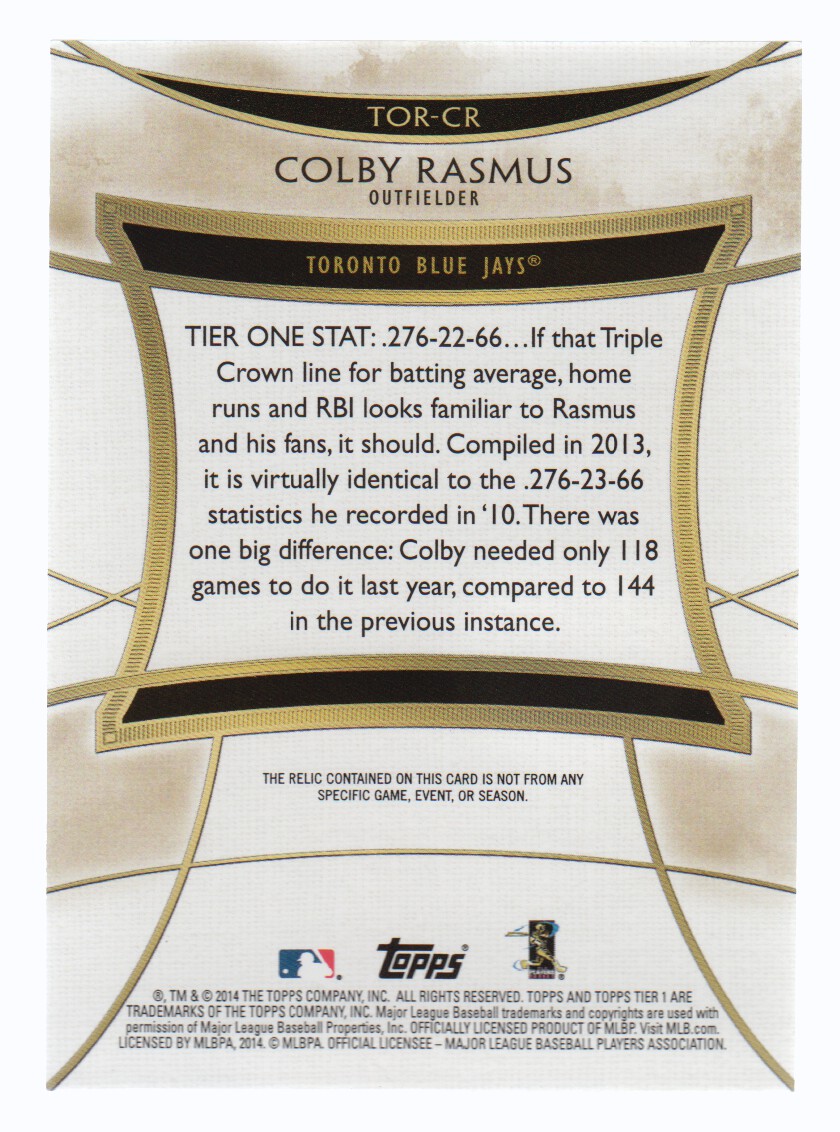 2014 Topps Tier One Relics #TORCR Colby Rasmus/254 back image