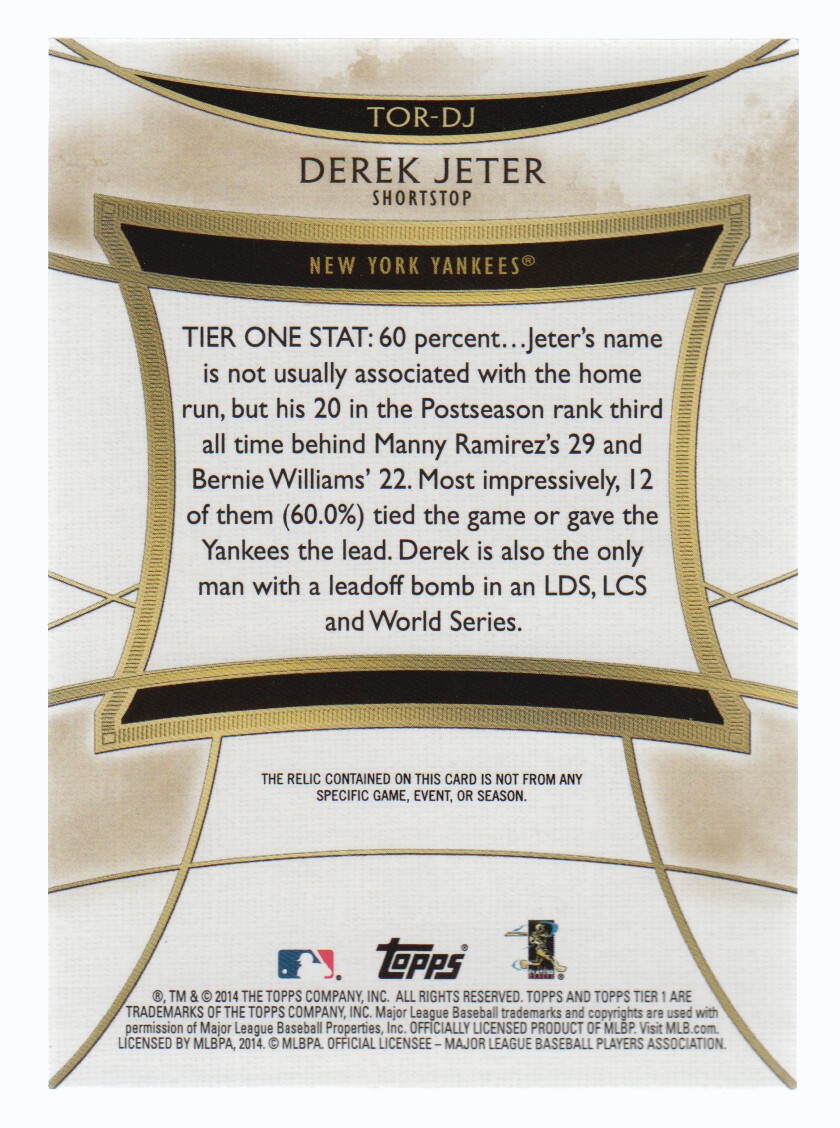 2014 Topps Tier One Relics #TORDJ Derek Jeter/254 back image