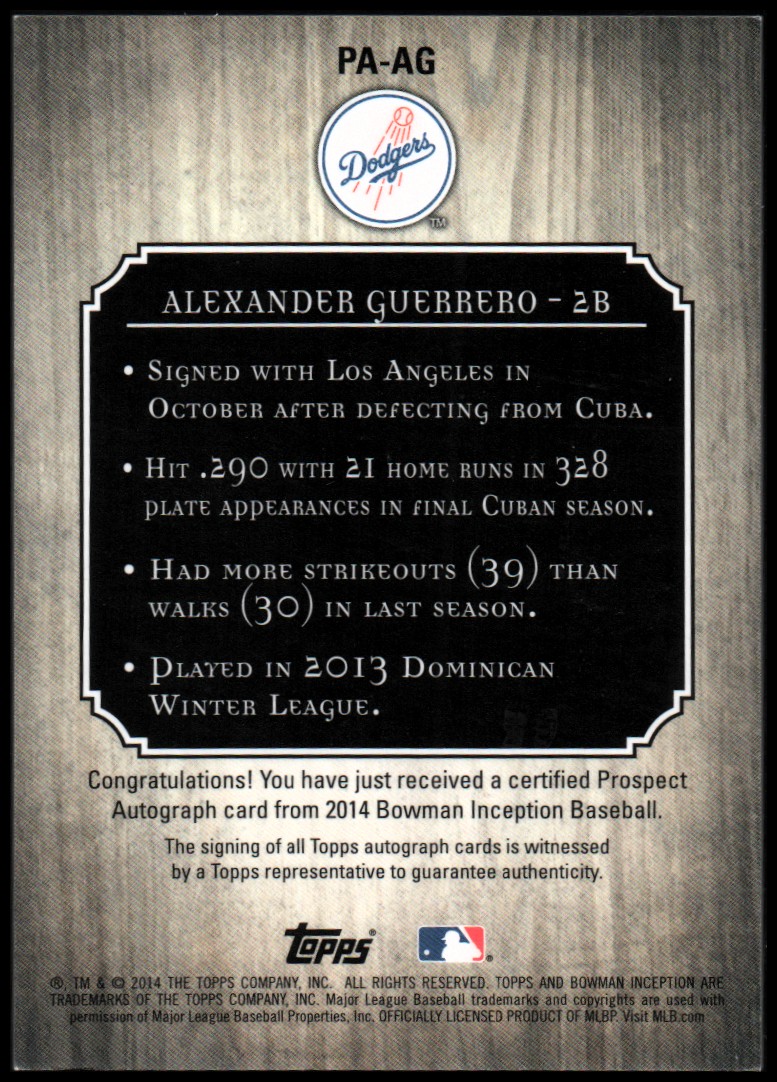 2014 Bowman Inception Prospect Autographs #PAAG Alexander Guerrero back image
