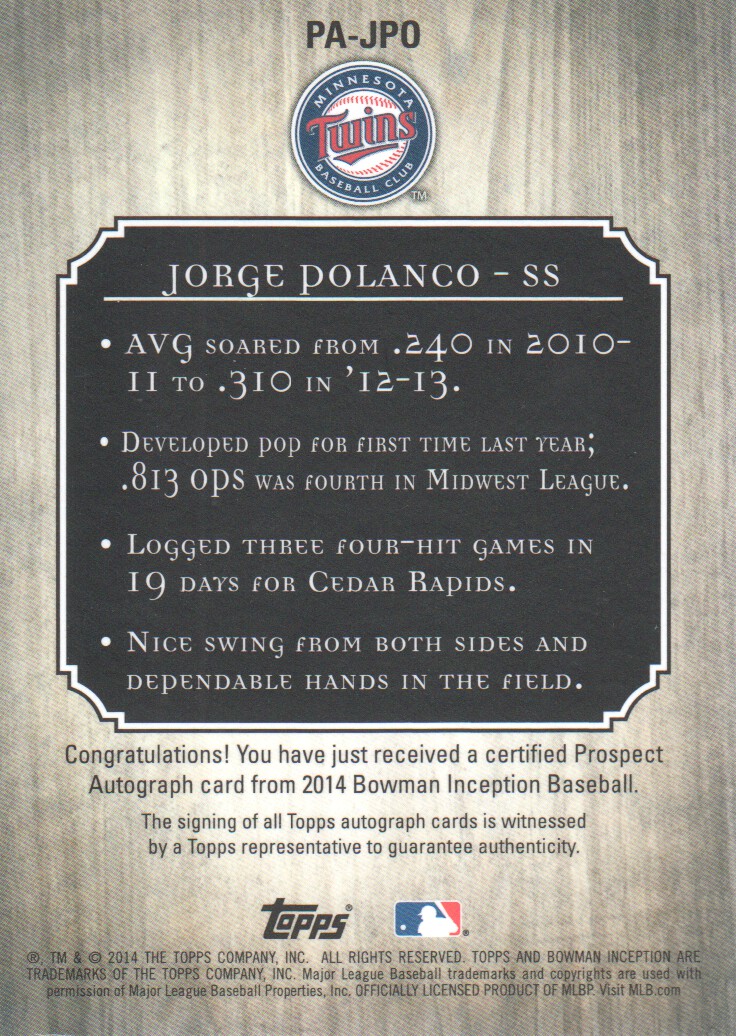 2014 Bowman Inception Prospect Autographs #PAJPO Jorge Polanco