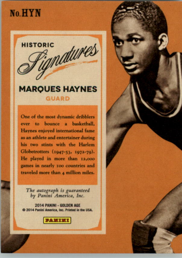 2014 Panini Golden Age Historic Signatures #HYN Marques Haynes back image