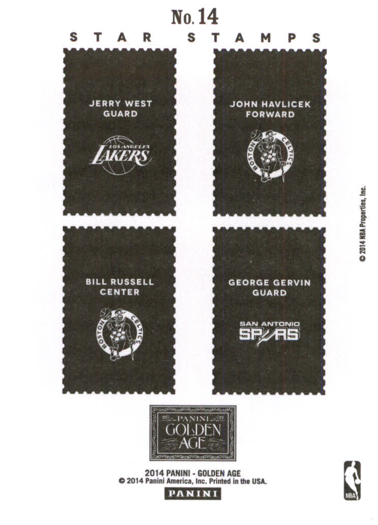 2014 Panini Golden Age Star Stamps #14 John Havlicek/Jerry West/George Gervin/Bill Russell back image