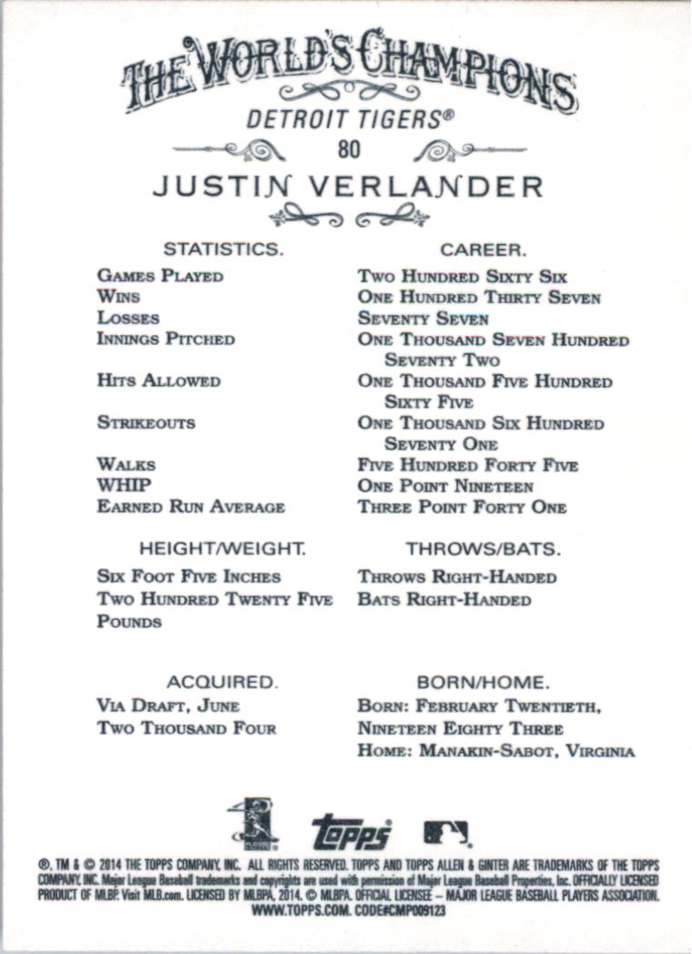 2014 Topps Allen and Ginter #80 Justin Verlander back image