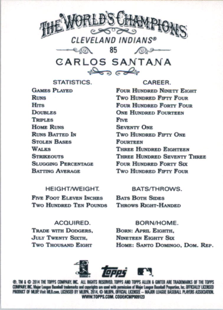 2014 Topps Allen and Ginter #85 Carlos Santana back image