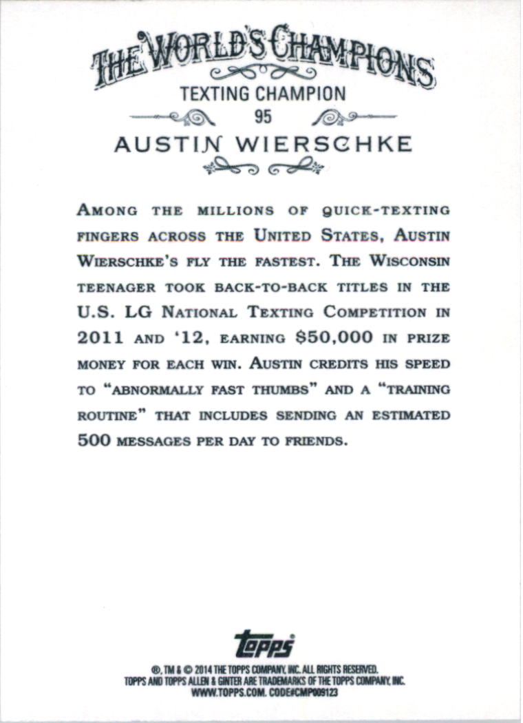 2014 Topps Allen and Ginter #95 Austin Wierschke back image