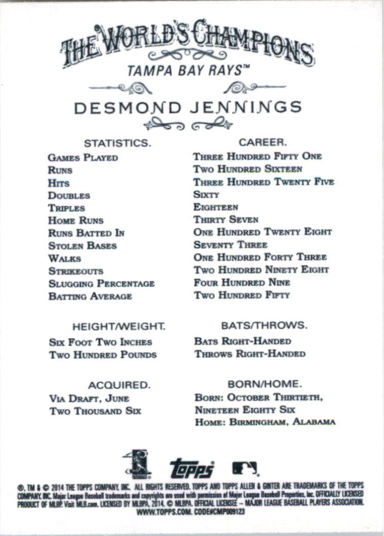 2014 Topps Allen and Ginter #114 Desmond Jennings back image