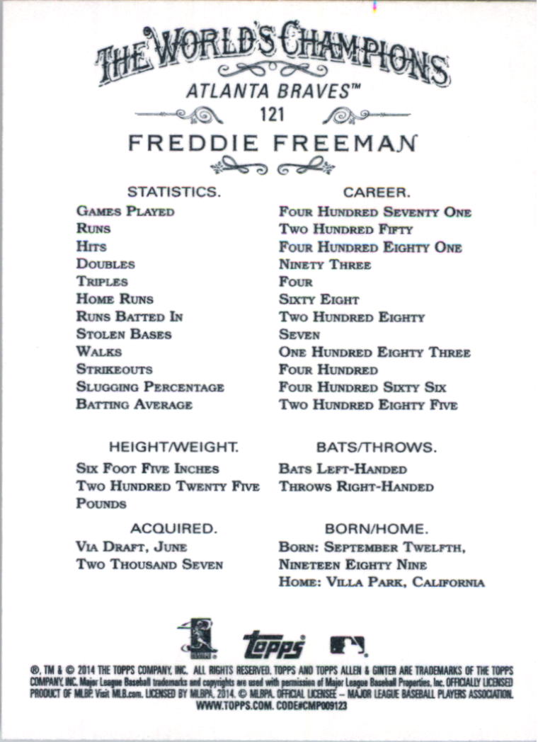2014 Topps Allen and Ginter #121 Freddie Freeman back image