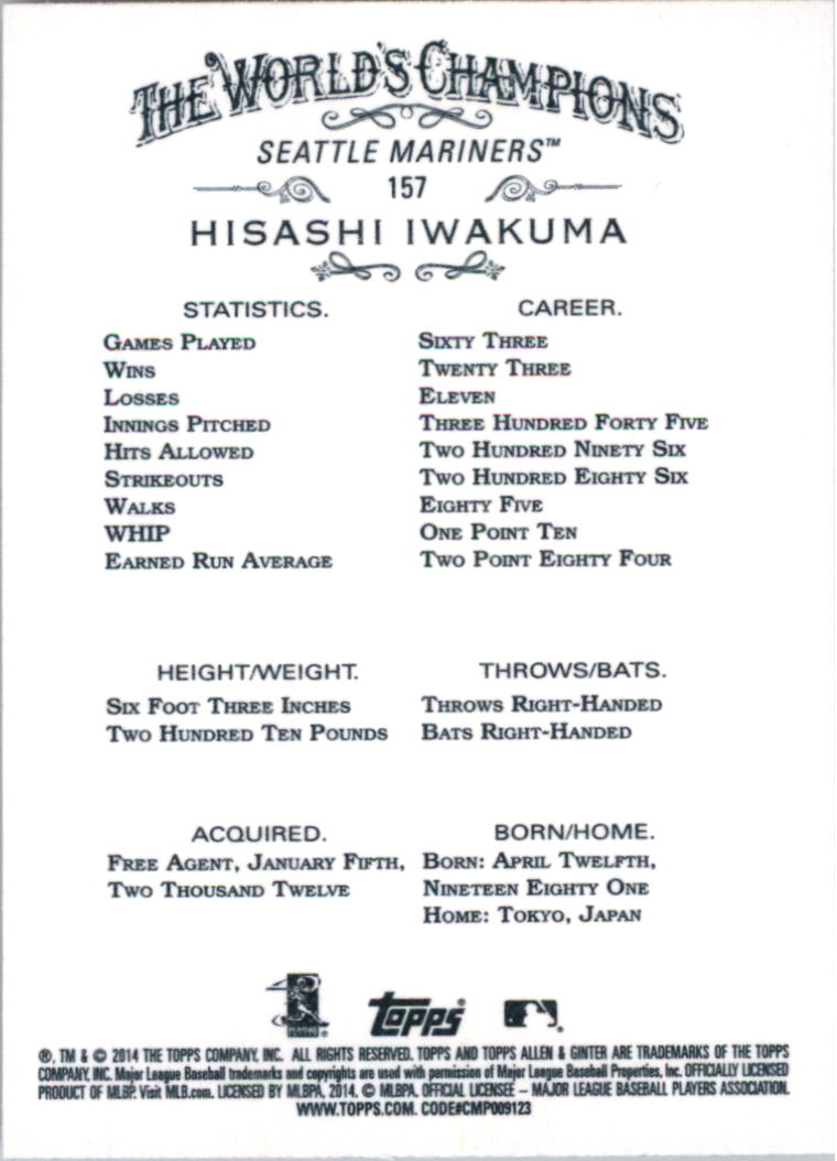 2014 Topps Allen and Ginter #157 Hisashi Iwakuma back image