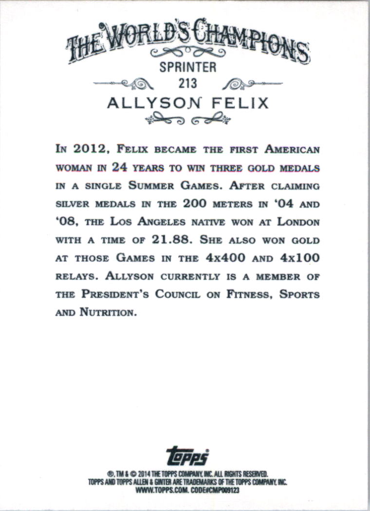 2014 Topps Allen and Ginter #213 Allyson Felix back image