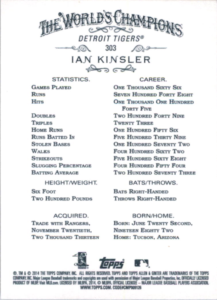 2014 Topps Allen and Ginter #303 Ian Kinsler SP back image